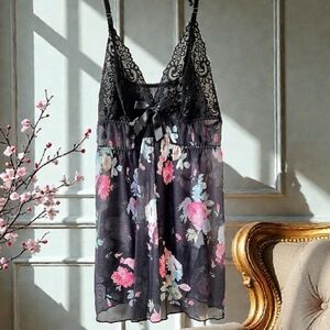 Black Floral Lace Babydoll Camisole Top Sheer Mesh Stretchy Adjustable Sz L-XL